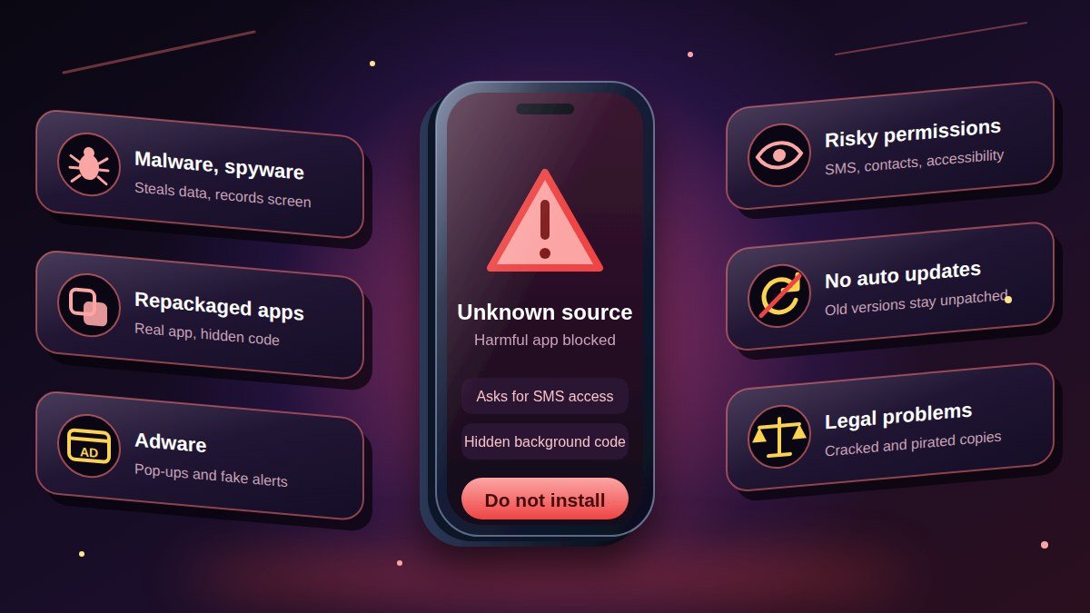 Android phone with a security shield beside an APK file