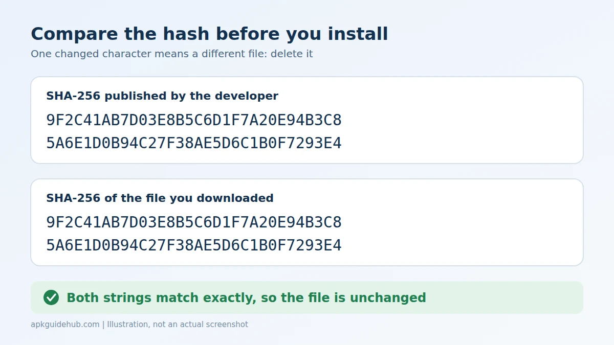 SHA-256 hash of a downloaded APK file compared with the checksum published by the developer